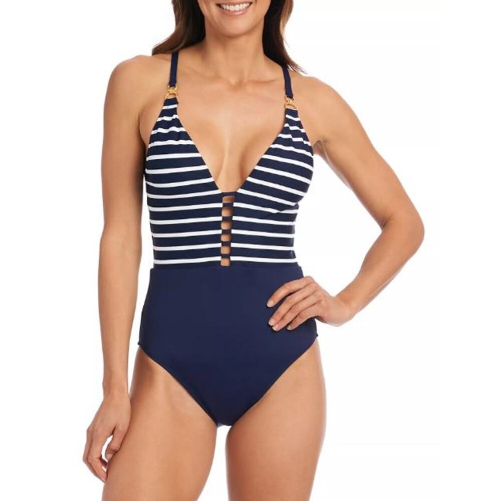 La Blanca Women's Capri Stripe Plunge One Piece Swimsuit Blue/White Size 10